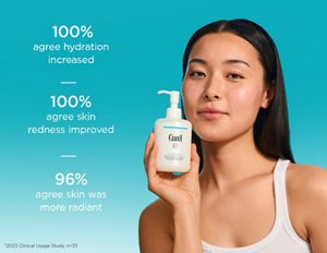 Young Woman with nourished skin holding Curél Hydrating makeup Cleanser